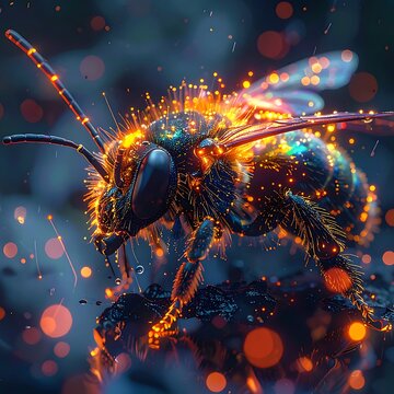 A bee with a shiny, glowing exoskeleton stands on a dark surface