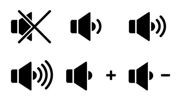 Black and white sound control icons set with plus and minus buttons