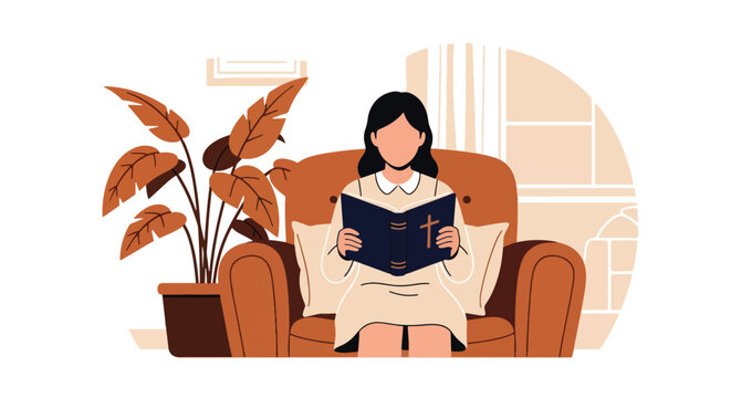 Flat style vector illustration of a woman reading the Holy Bible in a cozy living room with warm sunlight and peaceful atmosphere. Perfect for Christian devotionals, faith blogs, worship materials
