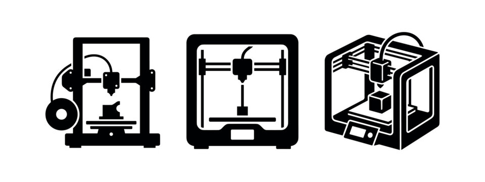 Three 3D printer icons on a white background