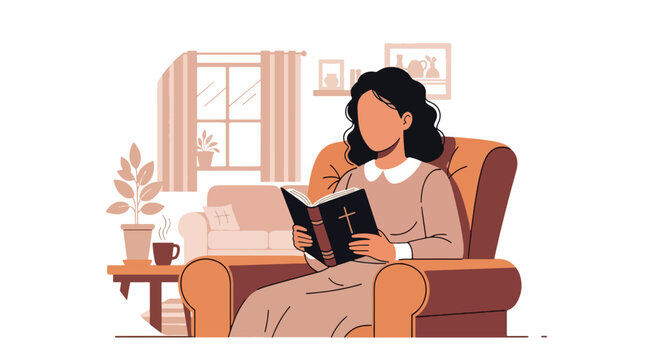 Flat style vector illustration of a woman reading the Holy Bible in a cozy living room with warm sunlight and peaceful atmosphere. Perfect for Christian devotionals, faith blogs, worship materials