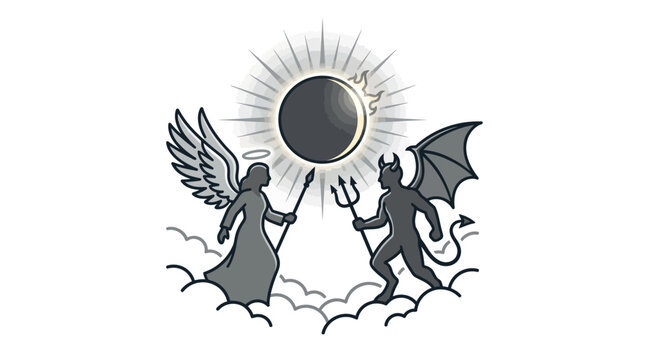 Angel and demon fighting eclipse sun.