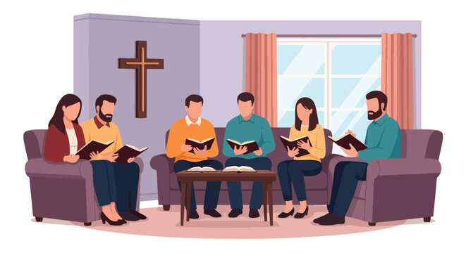 Flat style vector illustration of a Christian small group gathered for Bible study and fellowship in a home setting. Perfect for church ministries, discipleship programs, spiritual growth resources
