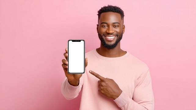 Happy black man pointing at smartphone showing empty screen for app promotion or new service