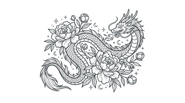 Dragon surrounded by flowers and leaves.