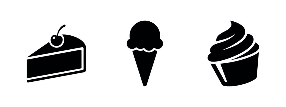 Dessert Icons Set in Silhouette: Cake Slice, Ice Cream Cone, Soft Serve