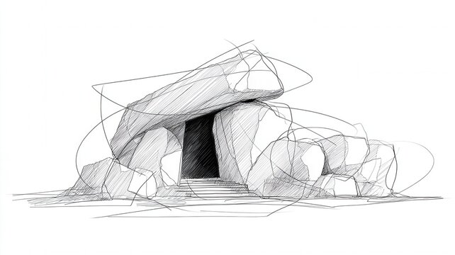 Hand drawing megalithic stone structure creating entrance to cave or portal with end light