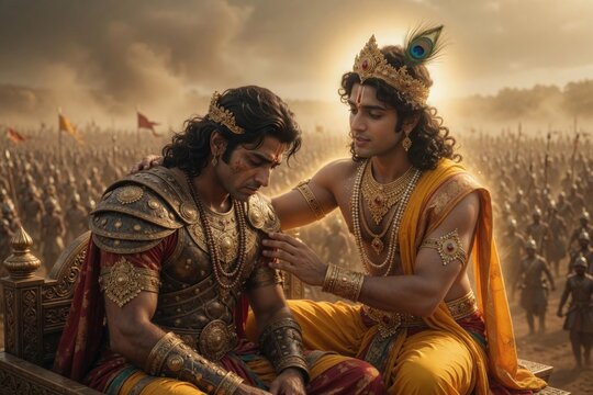 Lord Krishna guiding Arjuna on the battlefield of Mahabharata representing spiritual wisdom and divine counsel