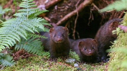 Obraz premium Playful Minks Exploring Their Woodland Home