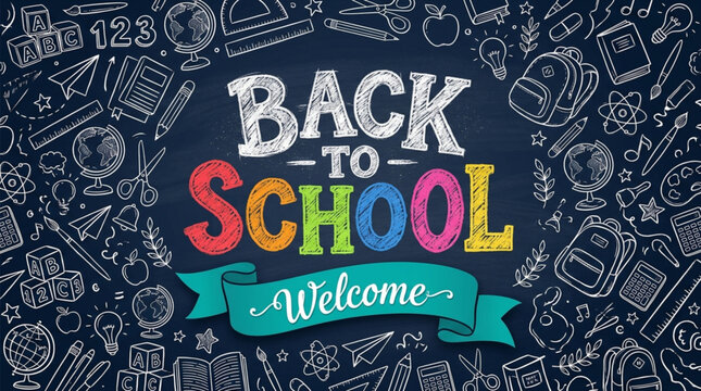 Back to School Welcome Banner on Chalkboard with Hand Drawn Supplies and Educational Icons