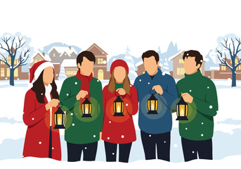 lat style vector illustration of Christian carolers singing outdoors during a snowy Christmas season. Perfect for holiday worship themes, church celebrations, seasonal campaigns, faith-based greetings © Amie