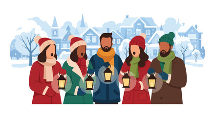 lat style vector illustration of Christian carolers singing outdoors during a snowy Christmas season. Perfect for holiday worship themes, church celebrations, seasonal campaigns, faith-based greetings © Amie