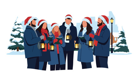 lat style vector illustration of Christian carolers singing outdoors during a snowy Christmas season. Perfect for holiday worship themes, church celebrations, seasonal campaigns, faith-based greetings © Amie