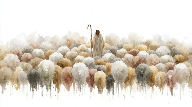 Good shepherd leading flock of sheep in a heavenly spiritual journey salvation offering guidance