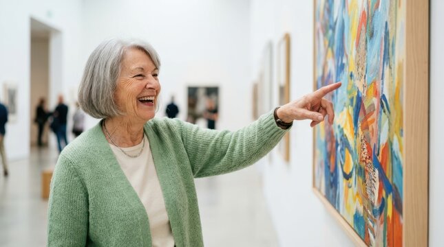 Cheerful older individual pointing at a colorful painting and laughing during an art gallery tour, representing vibrant senior community activity, hobbies, and social inclusion.