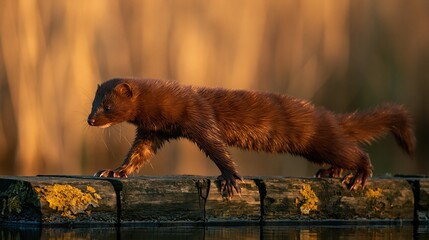 Obraz premium Alert Animal on Forest Log at Sunset