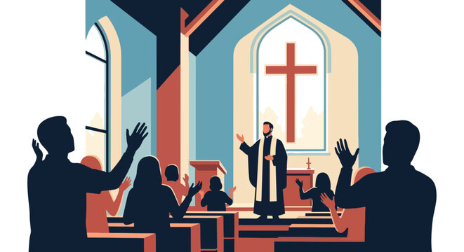 Flat style vector illustration of a pastor preaching to a congregation during church worship service. Perfect for ministry resources, church communications, spiritual guidance materials