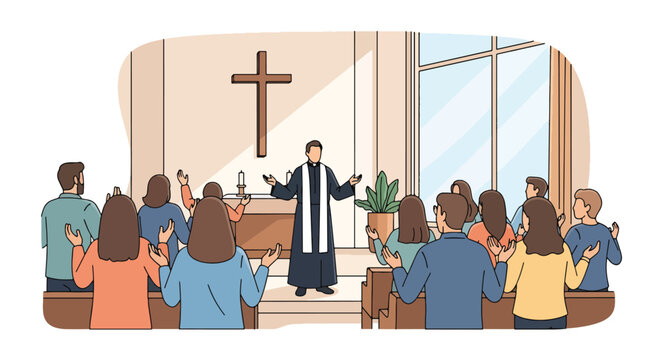 Flat style vector illustration of a pastor preaching to a congregation during church worship service. Perfect for ministry resources, church communications, spiritual guidance materials