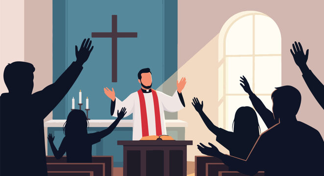 Flat style vector illustration of a pastor preaching to a congregation during church worship service. Perfect for ministry resources, church communications, spiritual guidance materials