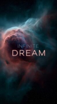 A deep space nebula slowly rotates with parallax star motion. Glowing cosmic dust drifts endlessly as giant luminous typography &ldquo;INFINITE DREAM&rdquo; floats in a cinematic cosmic scene.