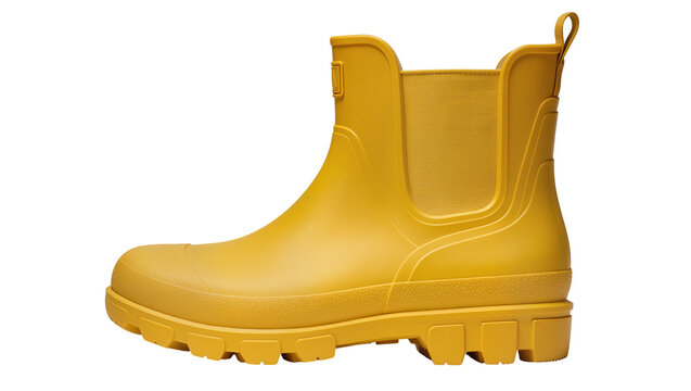 Yellow rubber ankle boot with elastic side panels, isolated on transparent background