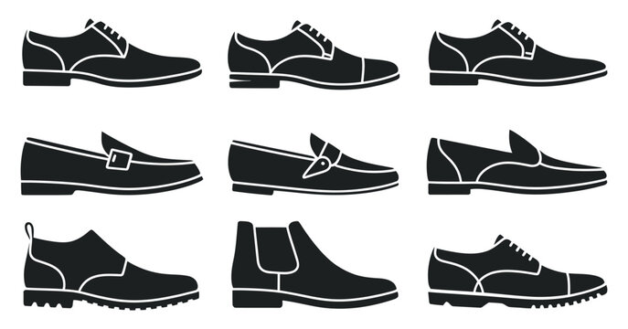 Classic men's footwear collection, formal shoes boots elegant leather styles business casual wear vector set, fashion shoe icons collection
