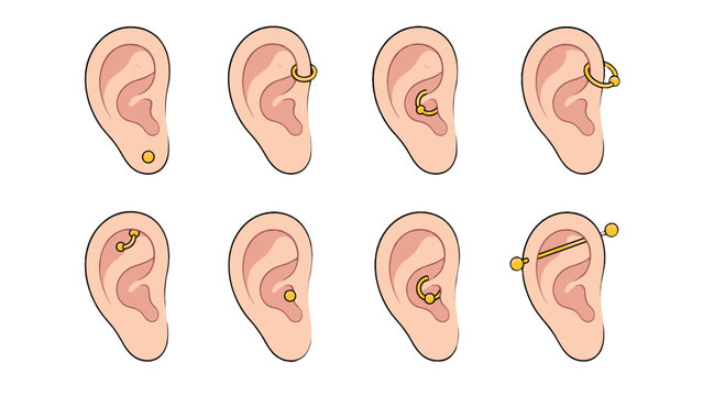 Vector set of ear piercing placement examples and jewelry
