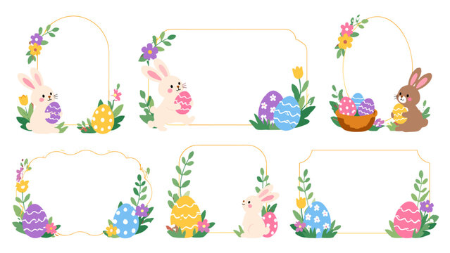 Easter invitation template set with rabbits eggs and flowers