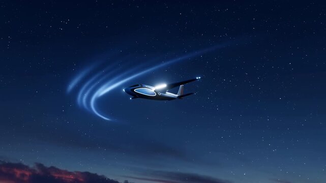 Futuristic aircraft executing bank with luminous cyan trail across starry night sky