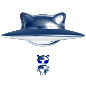 Y2K Chrome Cat UFO Flying Saucer with Cute Tiny Alien Mascot 3D