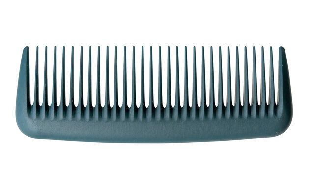 Dark teal plastic comb with fine teeth, isolated on transparent background