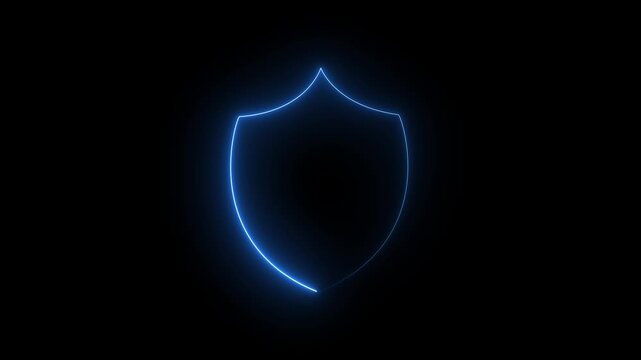 Glowing neon shield icon. Padlock and password privacy protection security safety animated sign symbol. on a black background.