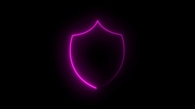 Glowing neon shield icon. Padlock and password privacy protection security safety animated sign symbol. on a black background.