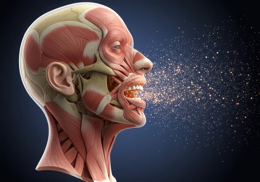 Anatomical head model expelling glittering particles in a medical illustration