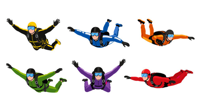 Set of skydivers in colorful jumpsuits in freefall