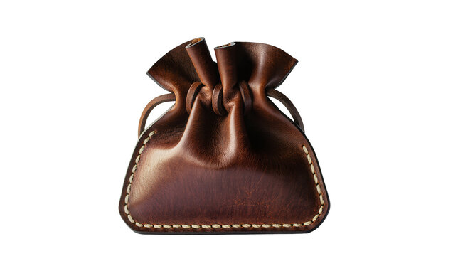 Brown leather drawstring pouch with white stitching, isolated on transparent background