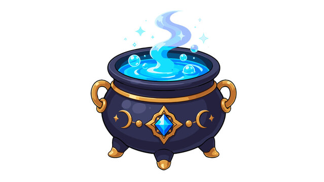 Fantasy cauldron with glowing blue potion cartoon icon