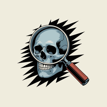 Human Skull Under Magnifying Glass Closeup.