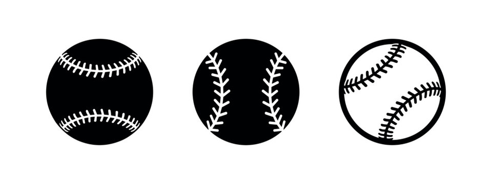 Baseball and softball icon set; sports equipment symbols for the game, isolated on white.