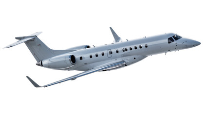 Modern silver private jet airplane in flight, isolated on transparent background © Jonathan