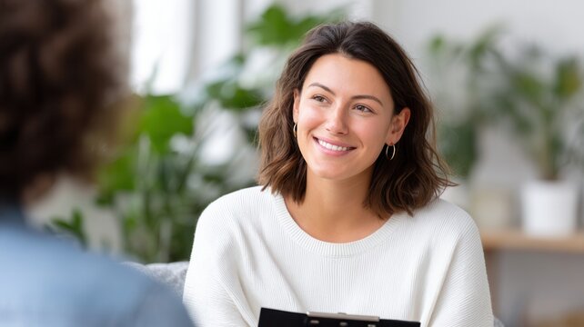 Female doctor or psychologist smiling and talking with boy in healthcare setting providing psychological support medical