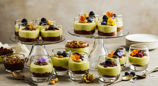 Appealing individual layered avocado trifles with berries, cashews