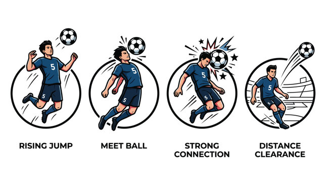 Four distinct football player movements illustrating heading techniques for training manuals