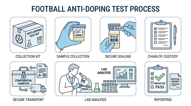 Football anti doping test process infographic showing lab analysis and sample collection procedure