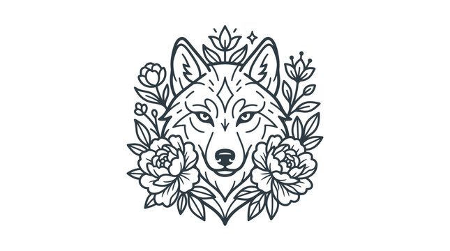 Wolf Face with Floral Line Art.