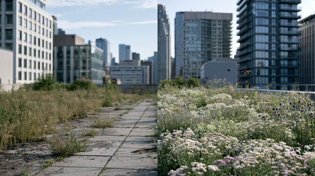 Before and after panels show a scraggly urban lot versus a thriving rooftop pollinator garden in summer solstice sunlight, wildflowers in full bloom, bees mid-flight in the after