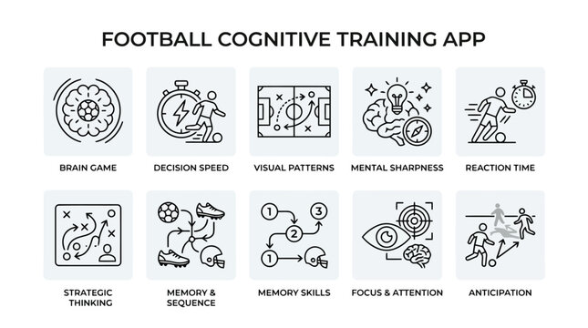 Football cognitive training app icon set for mental sharpness and strategic game thinking