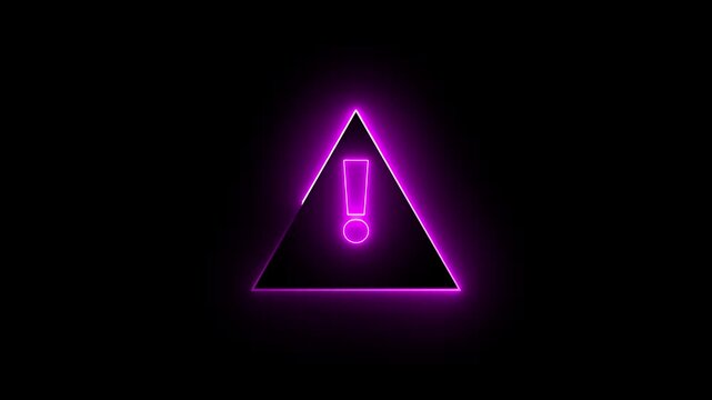 Neon warning attention sign icon animation glowing pink  color danger error alert risk stop sign emergency sign icon sign symbol on black background: