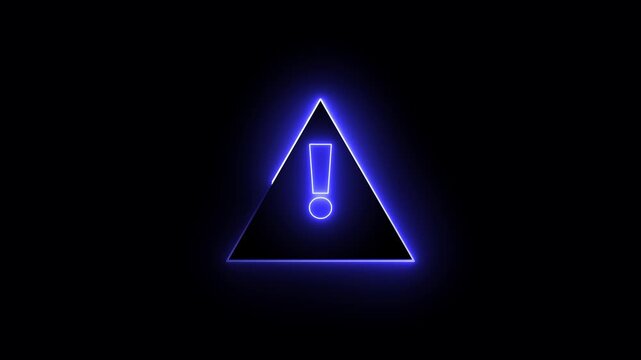 Neon warning attention sign icon animation glowing blue color danger error alert risk stop sign emergency sign icon sign symbol on black background: