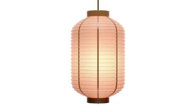 Traditional Japanese paper lantern with wooden frame illuminated, isolated on transparent background